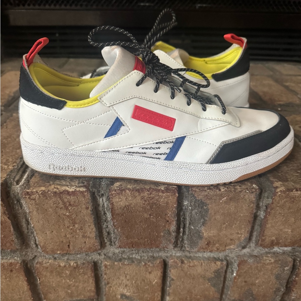 Reebok Mens Club C White Sneakers with Red, Blue, and Yellow Accents